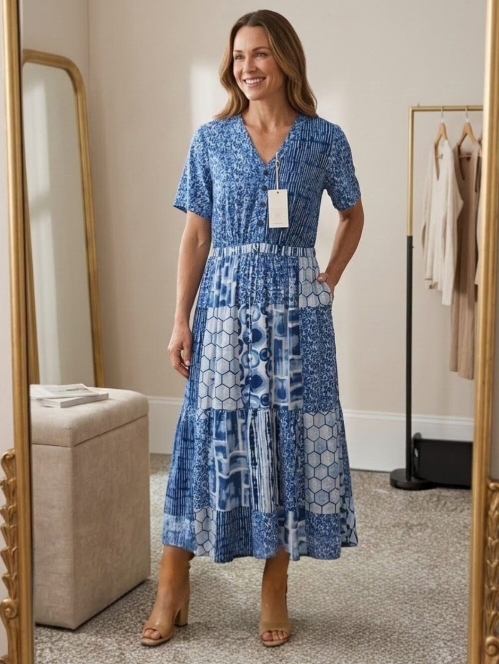 NWT Sacred Threads Cotton Patchwork Blue Wanderer Midi Dress With Pockets, S/M